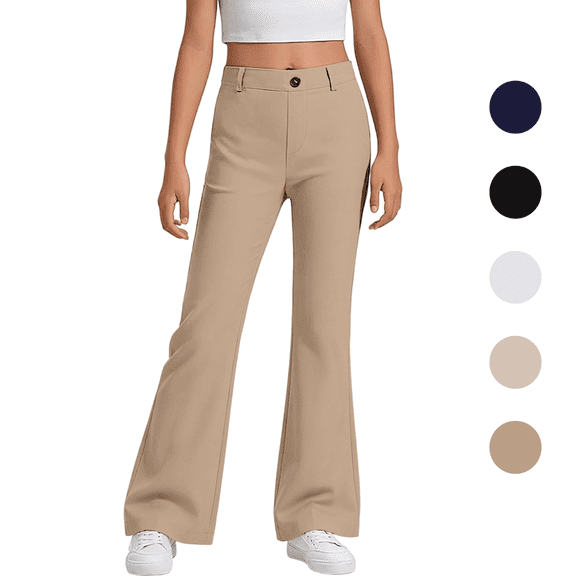 LYHaoo Girls Flare Dress Pants School Uniform, Elastic High Waisted Flat Front Chino Pants for Kids Back to School Outfits(Beige)