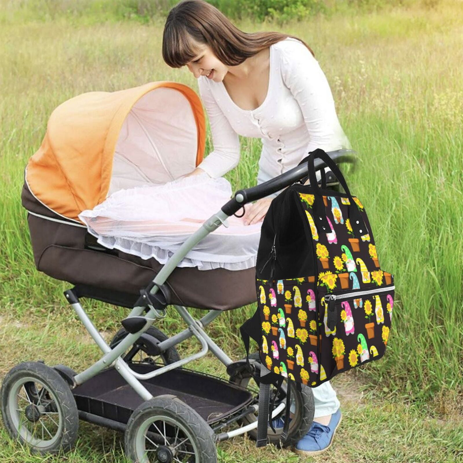Fuzoiu Gnomes With Sunflowers Print Diaper Bag Backpack,Baby Essentials Travel Tote,Multi function Waterproof Diaper Bag, Travel Essentials Baby Bag - Unisex