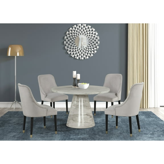 Luxury 5Pc Round Dining Set White Faux Marble Table Gold Gray Velvet Chairs
