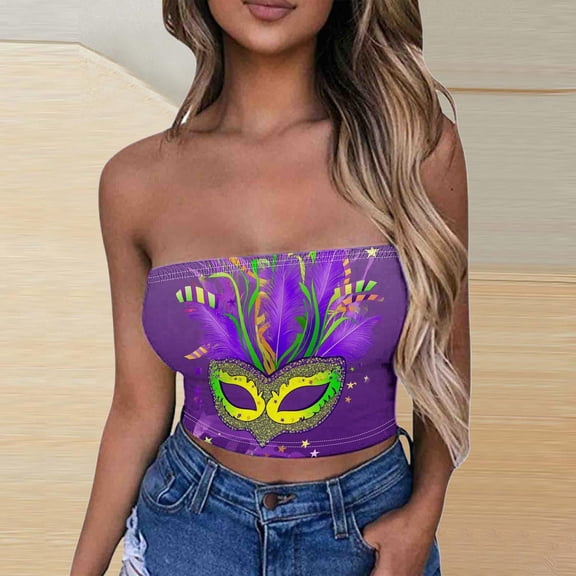 SOOMLON Mardi Gras Tube Tops for Women Carnival Outfits Tuesday Party Sleeveless Tshirts Fancy Mask Print Tops Sexy Cropped Tops New Orleans Holiday Blouses 2025 Purple XL