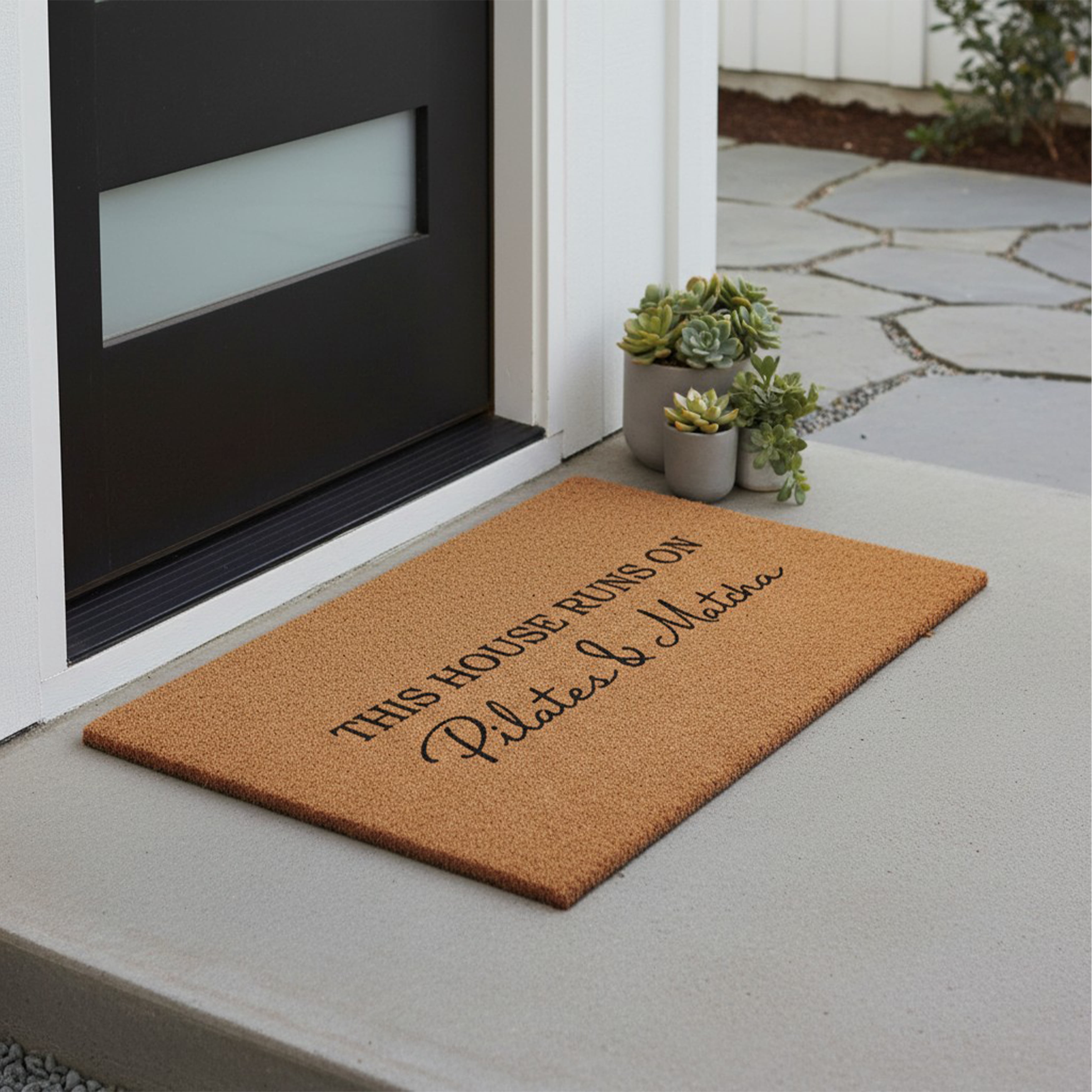 This House Runs on Pilates & Matcha Non Slip Vinyl Backing, Front Door Mat, 24"x36"