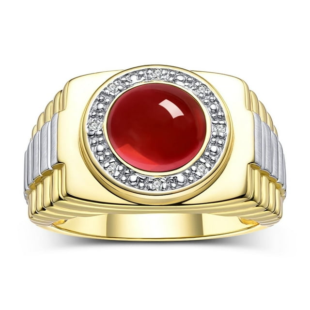 RYLOS Men's Rings 14K Yellow Gold Ring Cabochon Gemstone & Diamonds Designer Style Ruby Rings For Men Size 10