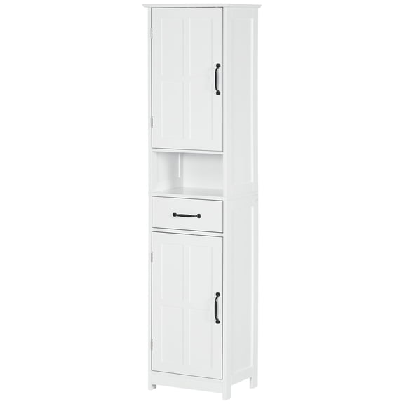 Slim Bathroom Storage Cabinet with Adjustable Shelves, Tall Linen Tower for Small Spaces, White MDF Bathroom Organizer with Drawer and Recessed Doors