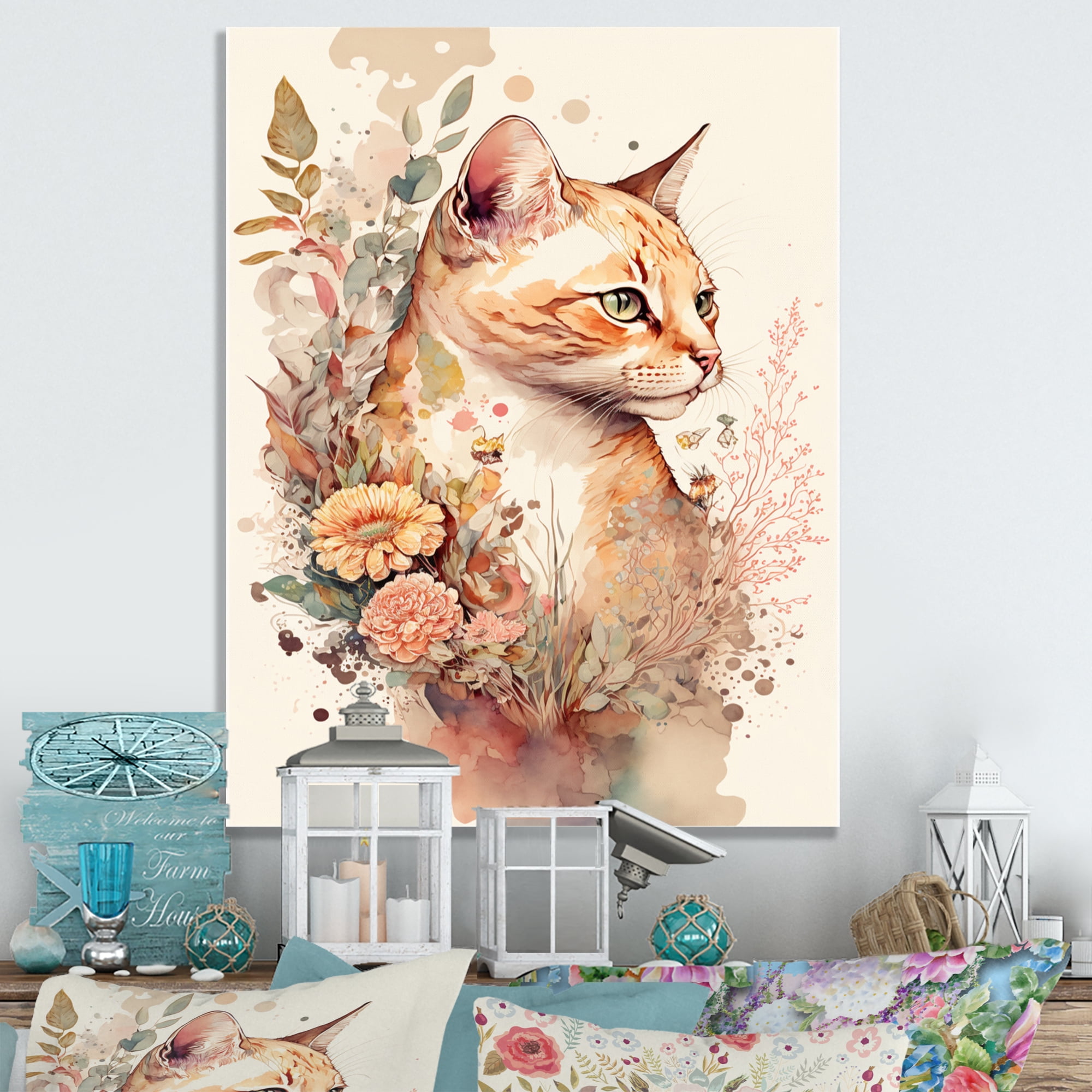 Designart Cute Cat Floral Art III Canvas Wall Art