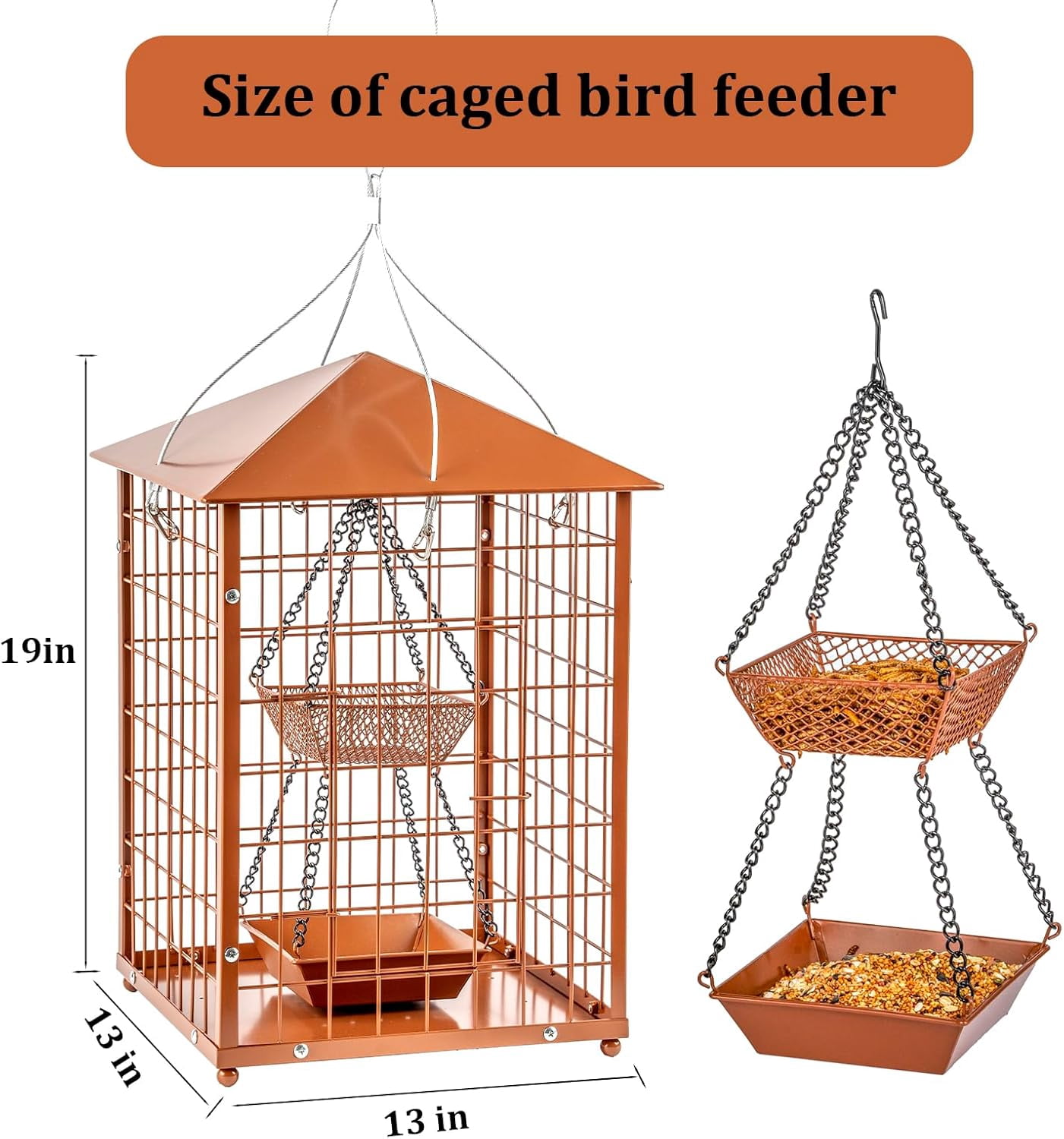 Bird Feeders for Bluebirds - Metal - Huge Caged Squirrel-Proof Bird Feeders with 2 Cups, DIY Wild Bird Feeders Outdoor Hanging (Brown), Attract Wild Birds, 2lbs Seed Capacity+1  Cup