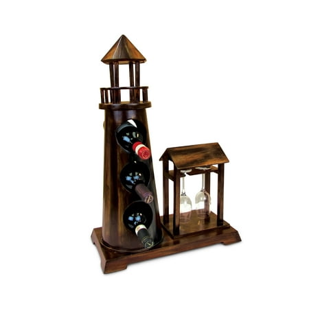 Stone Wine Glasses Puzzled Contemporary Lighthouse Wooden 3 Bottle Wines Rack & 2 Wine Glasses, Free Standing Fully Assembled Elegant Storage Liquor Display Stackable Decorative Organizer Home Kitchen Counter Accessory ()