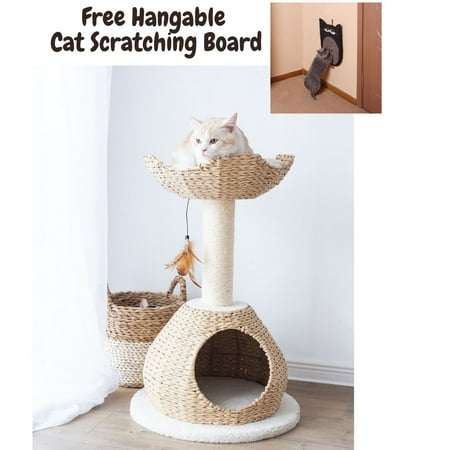UPC: 0818483011068 | Petpals 29  Natural Cat Condo Sisal Rope Scratching Post Small Cat Tower Beige Cat Tree Multi-Functional Play House Plush Perch and Basket Large with Free Cat Scratching Post