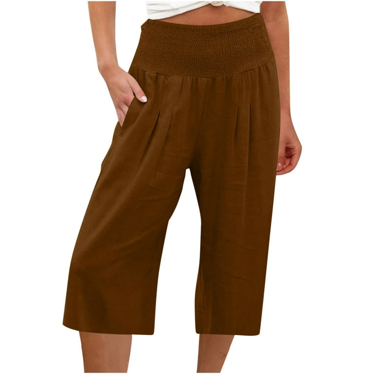 Smocked High Waist Capris for Women,Comfy Cotton Linen Wide Leg Cropped  Pants Summer Loose Straight Casual Sweat Pants(L,Brown) 