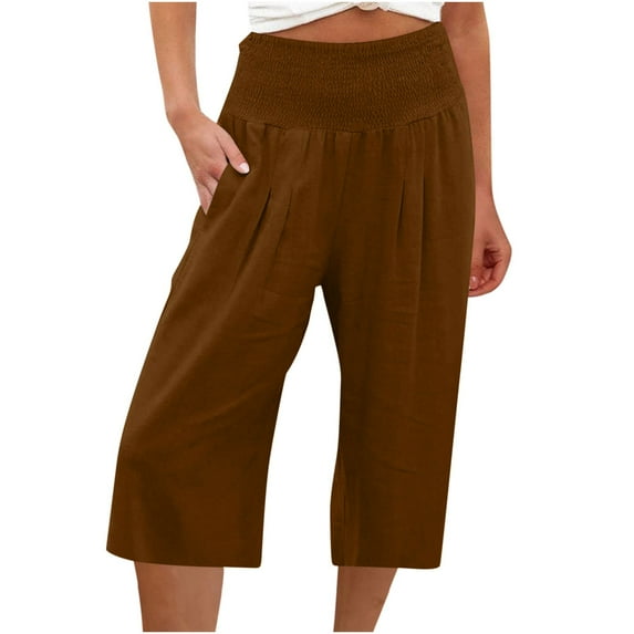 QUYUON Wide Leg Pants for Women Cotton Linen Cropped Wide Leg Pants Elastic Waist Linen Capris Pants with Pockets High Waisted Beach Pants Summer Capris Pants Trousers Summer Pants