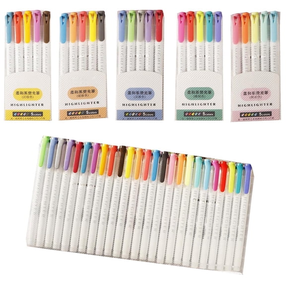 Dual Tip Highlighter Pens Set of 5, No Bleed Highlighters for Notes, Study, Journaling and Planners, 10ml Ink