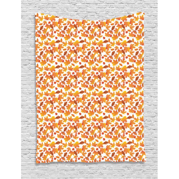 Burnt Orange Tapestry, Autumn Art Pattern of Various Fall Leaves, Wall