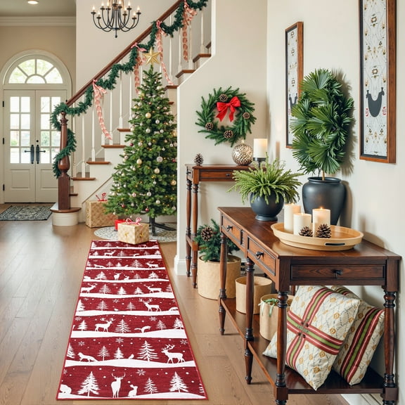 Christmas Area Rug 9x12 - Washable Non Slip Xmas Rug with Tree/Reindeer/Snowflake, Low Pile Soft Carpet for Living Room, Bedroom (Holiday Decor)