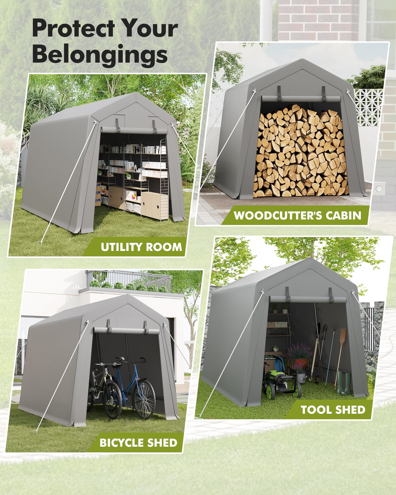 2025 New Carport Storage Shed, Portable Garage with Roll-Up Zipper Door, Heavy Duty Waterproof Tarp, Storage for Motorcycle, Bike, Firewood, Garden Tools