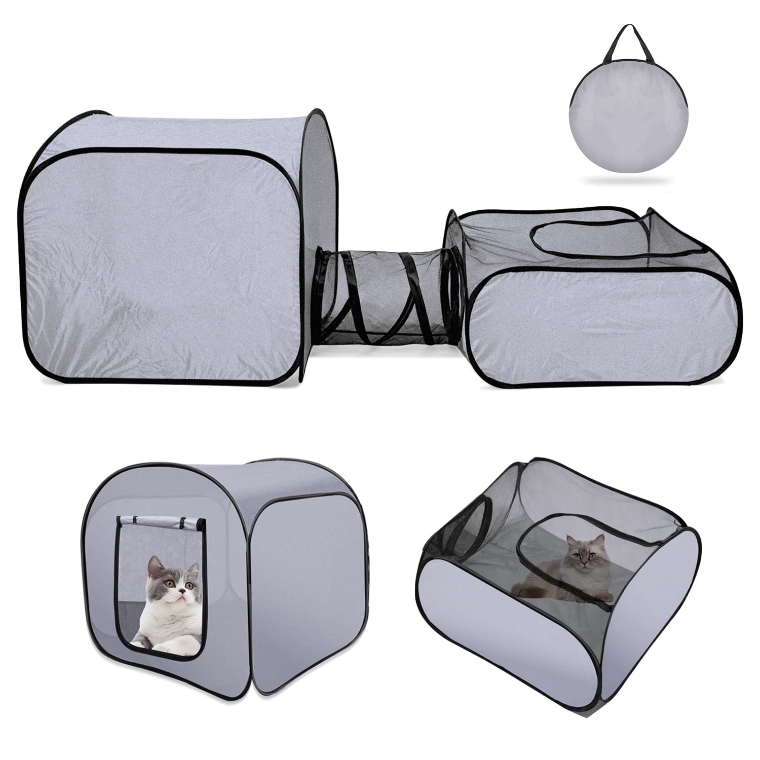 Portable Collapsible Small Pet Playpen - Breathable Mesh Fence with Attached Tunnel, Indoor Outdoor Soft-Edge Tent + Storage Bag
