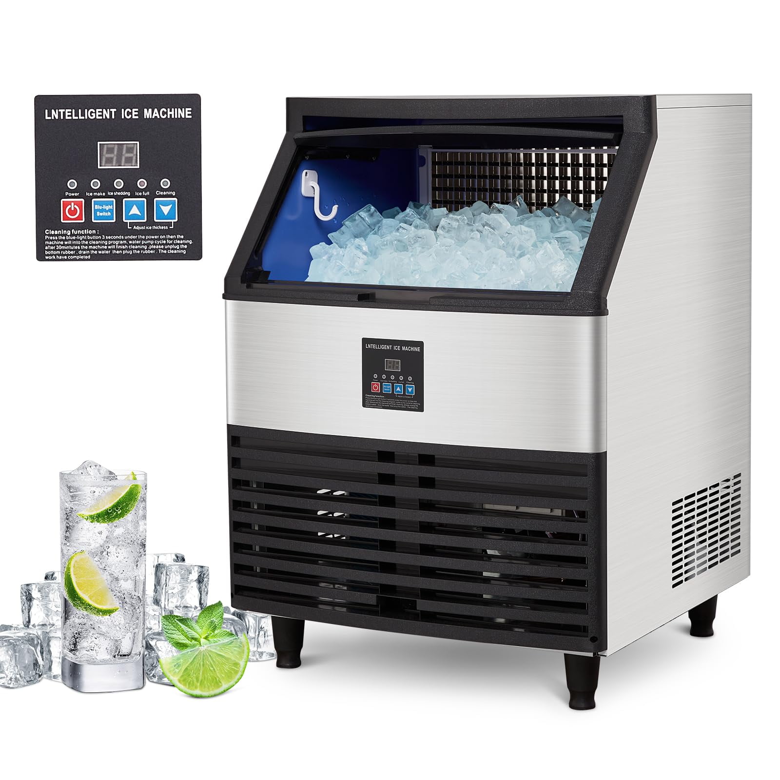 Commercial Ice Maker, 250Lbs/24H Under Counter Ice Machine with 77Lbs  Storage Bin, 90 Ice Cubes in 11Min, Stainless Steel Freestanding Ice Making