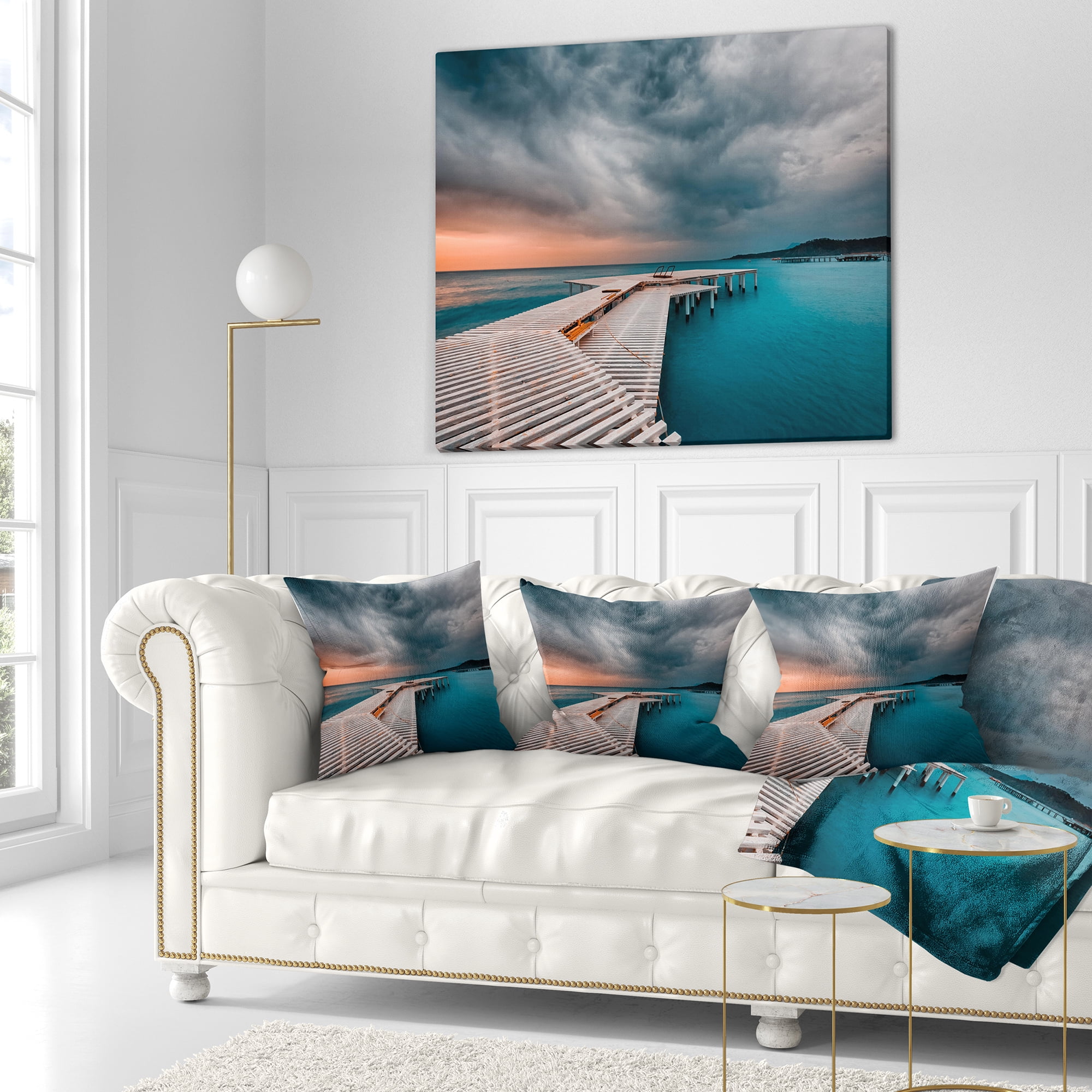 Designart Pier in Ocean in Cloudy Day - Seashore Photo Throw Pillow - 18x18