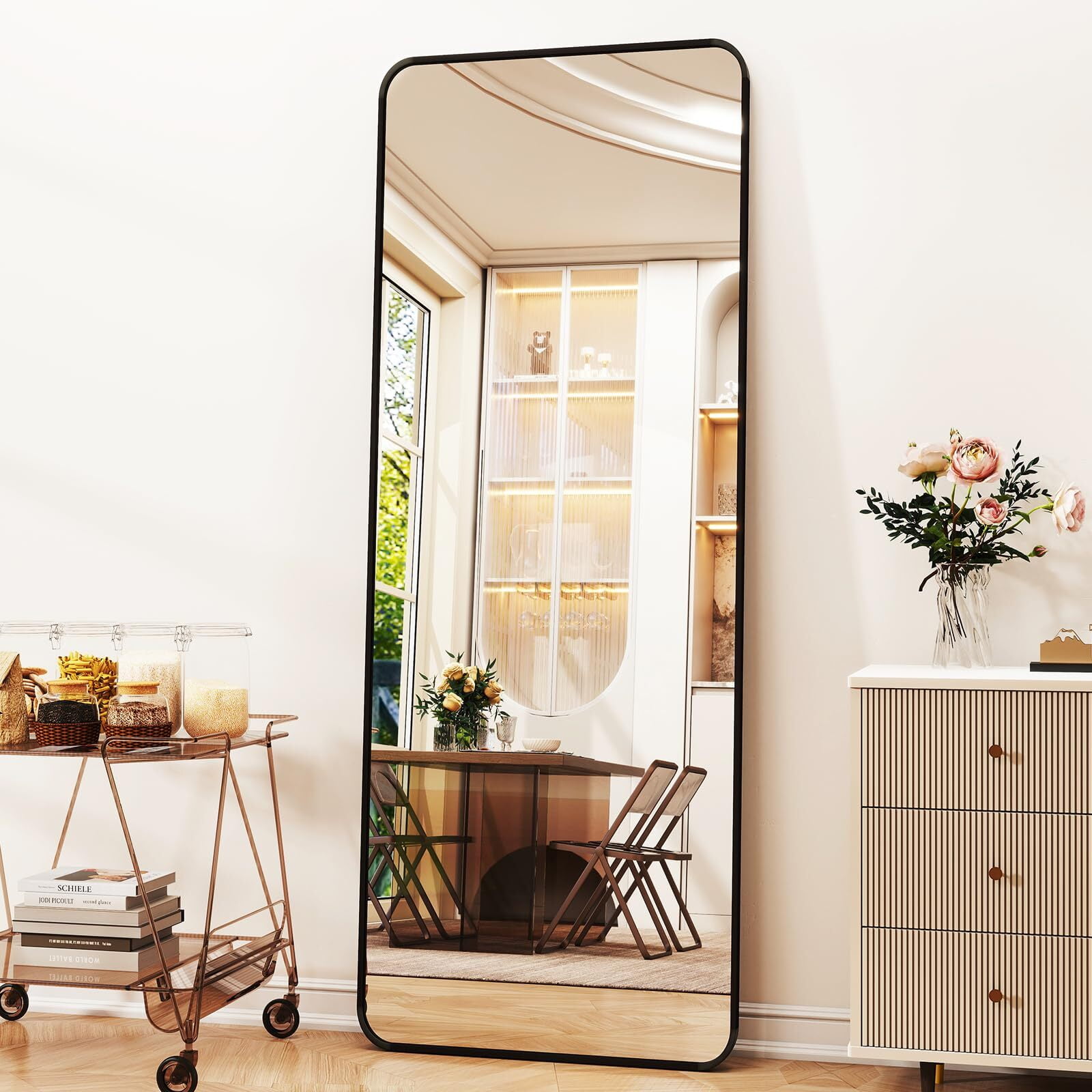 Mirstory Full Length Mirror 23"x66", Large Floor Mirror with Rectangle Rounded Corners, Aluminum Alloy Frame,Black