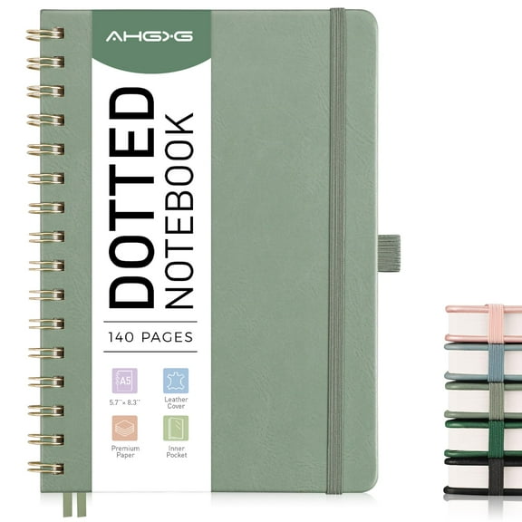 Bullet Dotted Journal, A5 Spiral Notebook with 140 Pages Dot Grid Paper, Hardcover Vegan Leather Cover, 100 GSM Thick Paper for Journaling, Planning, Sketching, Travel, Office, Green