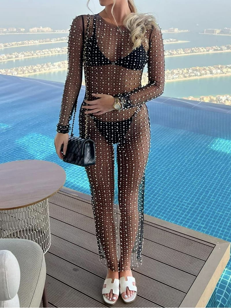 sheer mesh cover up dress LMSXCT Sexy Pearl Rhinestone for Women Maxi Dresses See Through Beach Swimwear Bikini Coverups Black at Amazon Women's Clothing store relaxed feel Oversized Sheer Mesh Dress Black See