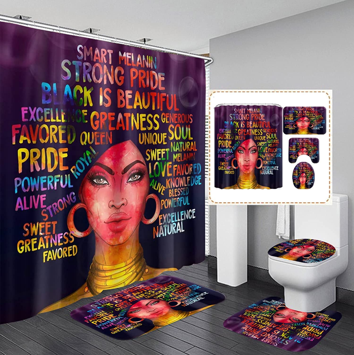 HTBUSC 4 PCS African Bathroom Sets with Rugs Colorful Quote Black Girl