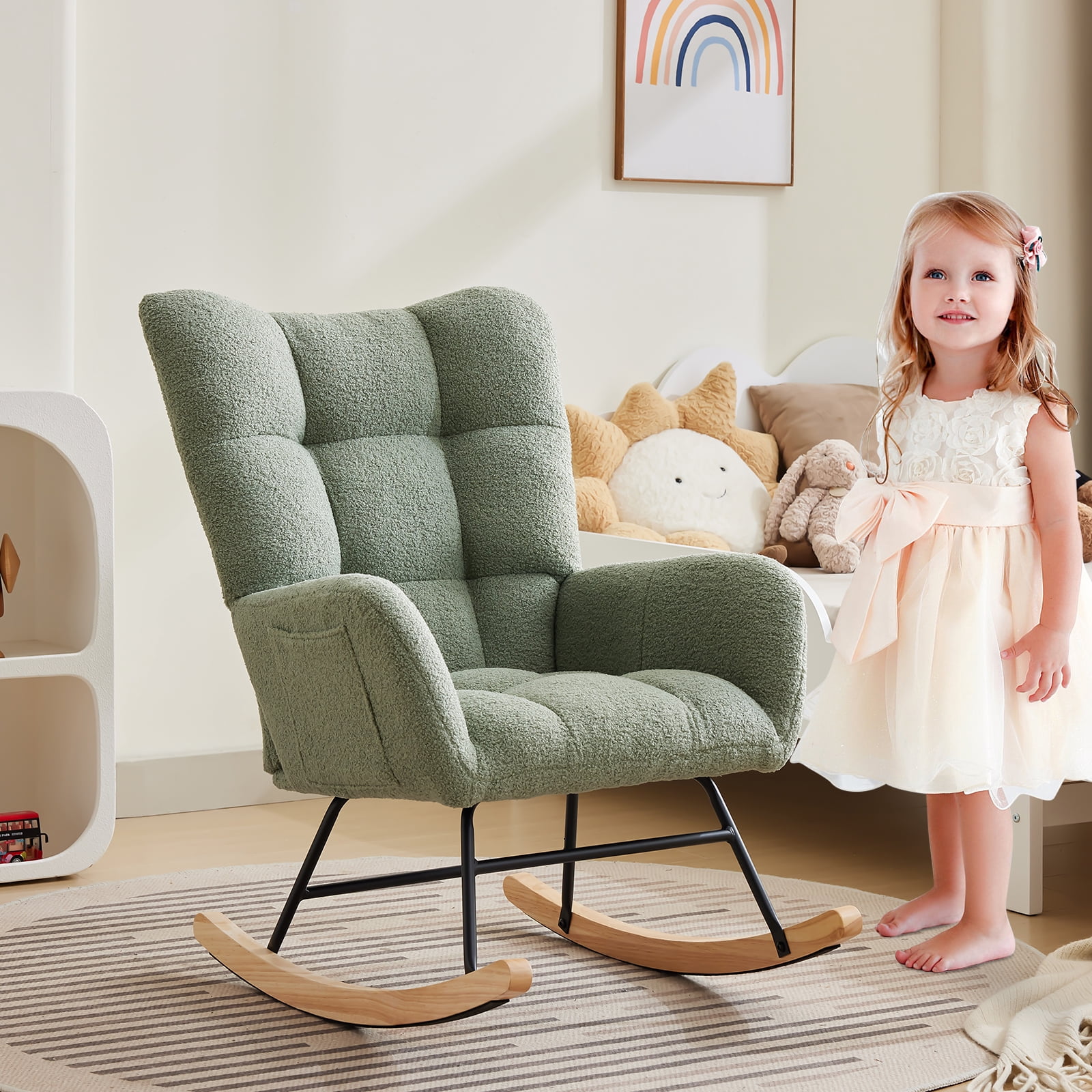 Garvee Modern Plush Rocking Chair, Teddy Upholstered Glider Accent Armchair with High Backrest for Nursery, Bedroom & Living Room, Green