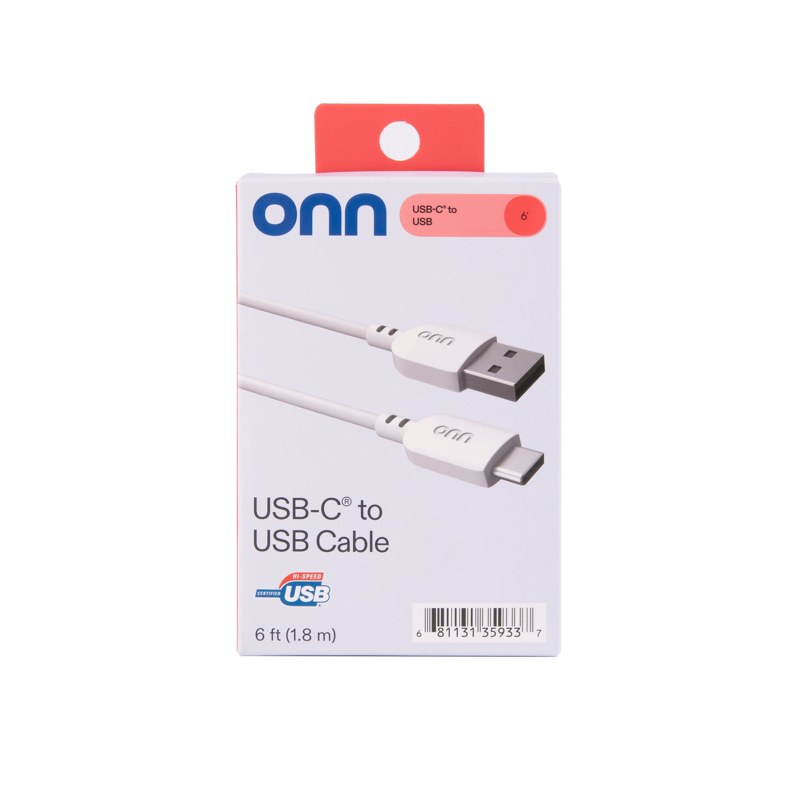 onn USB-C to USB-A Charging Cable, 6 ft, USB-IF Certified, for iPhone 15/16/17 and Galaxy Devices, White
