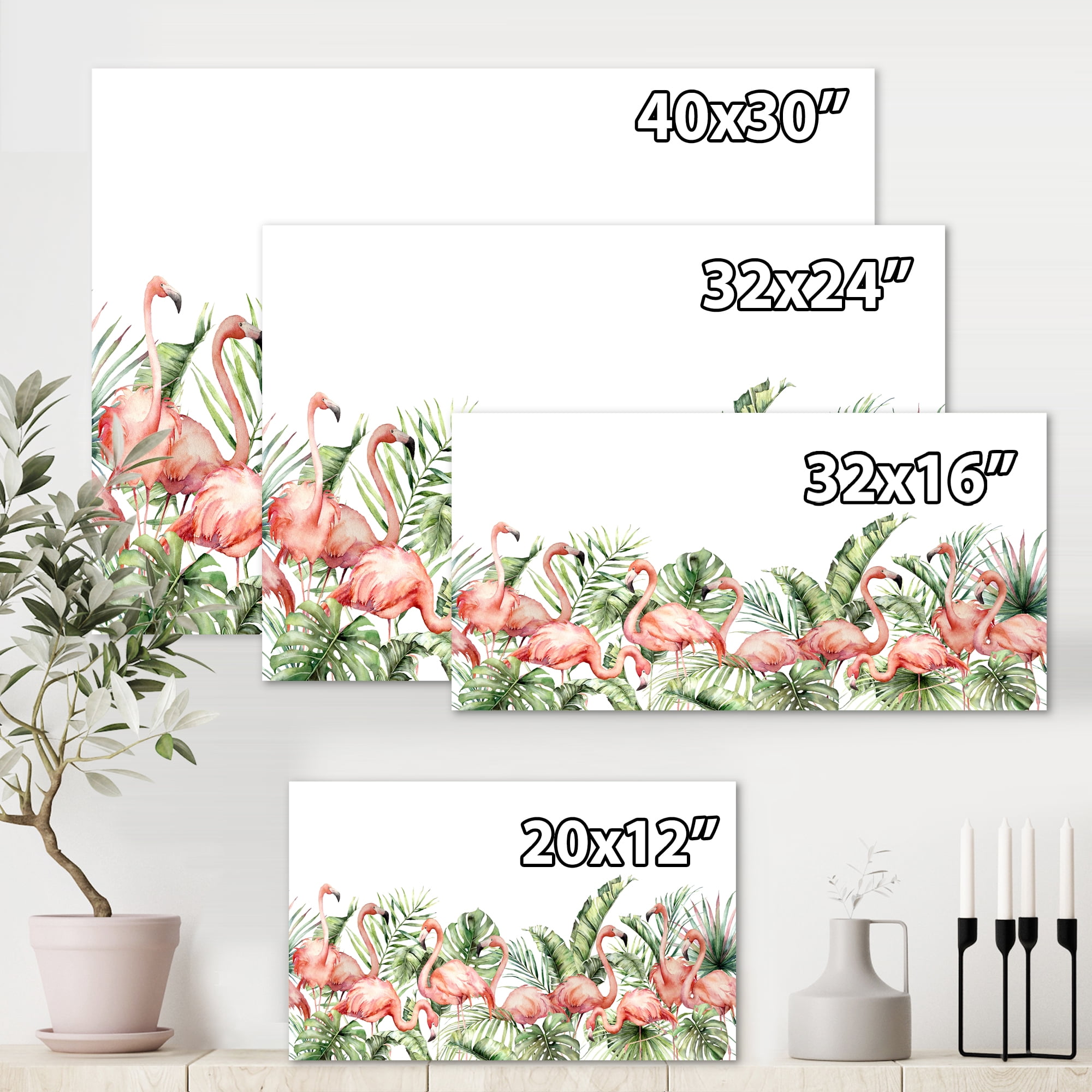 Designart ' Palm Leaves and Pink Flamingos Tropical Birds ' Traditional Canvas Wall Art Print
