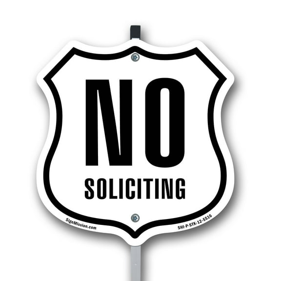 No Soliciting 12 inch X 12 inch Shield Shaped Rust-Free Aluminum Metal Sign with Aluminum Mounting Stake Weather Resistant Made in the USA