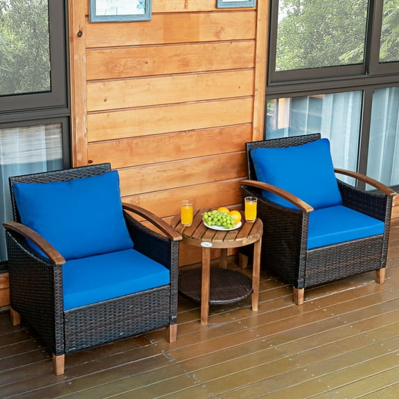 Patiojoy 3-Piece Patio Rattan Wicker Bistro Set Acacia Wood Frame Sofa and Side Table Blue