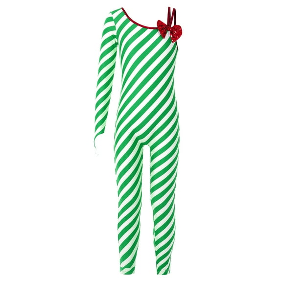 YONGHS Kids Girls Christmas Candy Cane Jumpsuit Unitard One Piece Striped Cosplay Bodysuit for Party Green 6