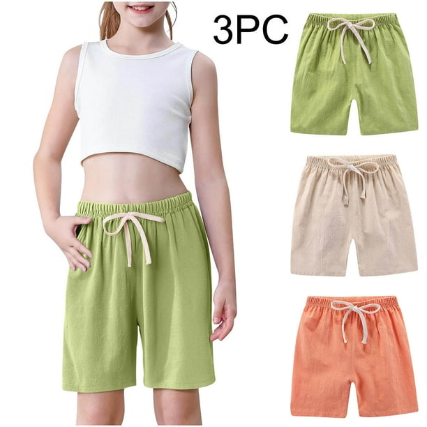 Odeerbi 2-10 Años Niños Niñas 3 Pcs Verano Algodón Lino Pantalones Cortos Entrenamiento Deportivos Cortos Lindo Color Sólido Pantalones Cortos Suaves Respirables