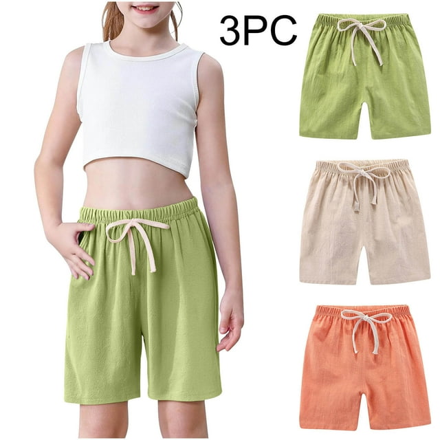 Odeerbi 2-10 Años Niños Niñas 3 Pcs Verano Algodón Lino Pantalones Cortos Entrenamiento Deportivos Cortos Lindo Color Sólido Pantalones Cortos Suaves Respirables