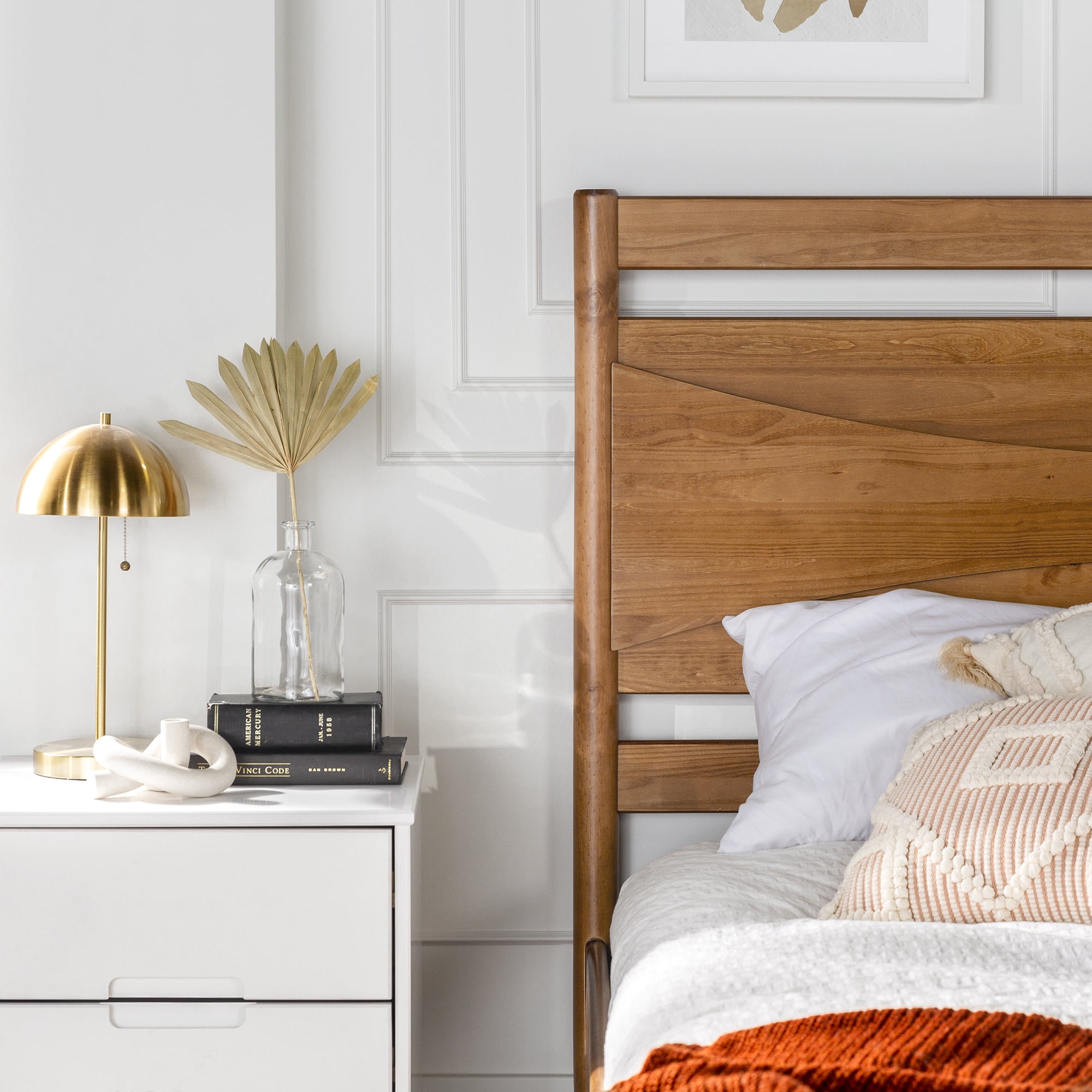 Walker Edison Mid Century Modern Wood Platform Queen Bed Frame, Caramel