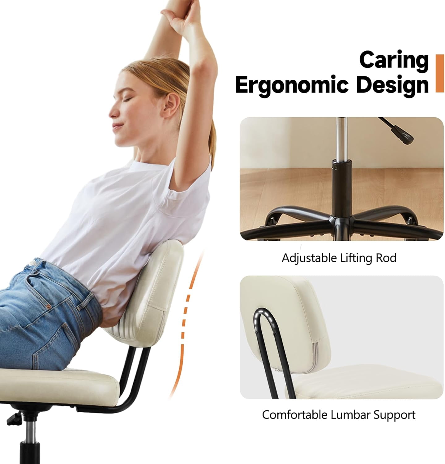 ENYLAY Small Armless Home Office Desk Chair, Ergonomic Cute Chair PU Leather with Adjustable Swivel Rolling Comfy Task Study Chair with Lumbar Support for Adult and Student, Bedroom (Beige White)