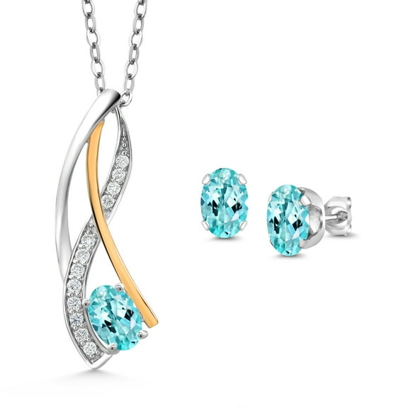 Gem Stone King 1.66 Ct Blue Apatite E-F Lab Grown Diamond 925 Silver and 10K Yellow Gold Wave Pendant and Earrings Jewelry Set