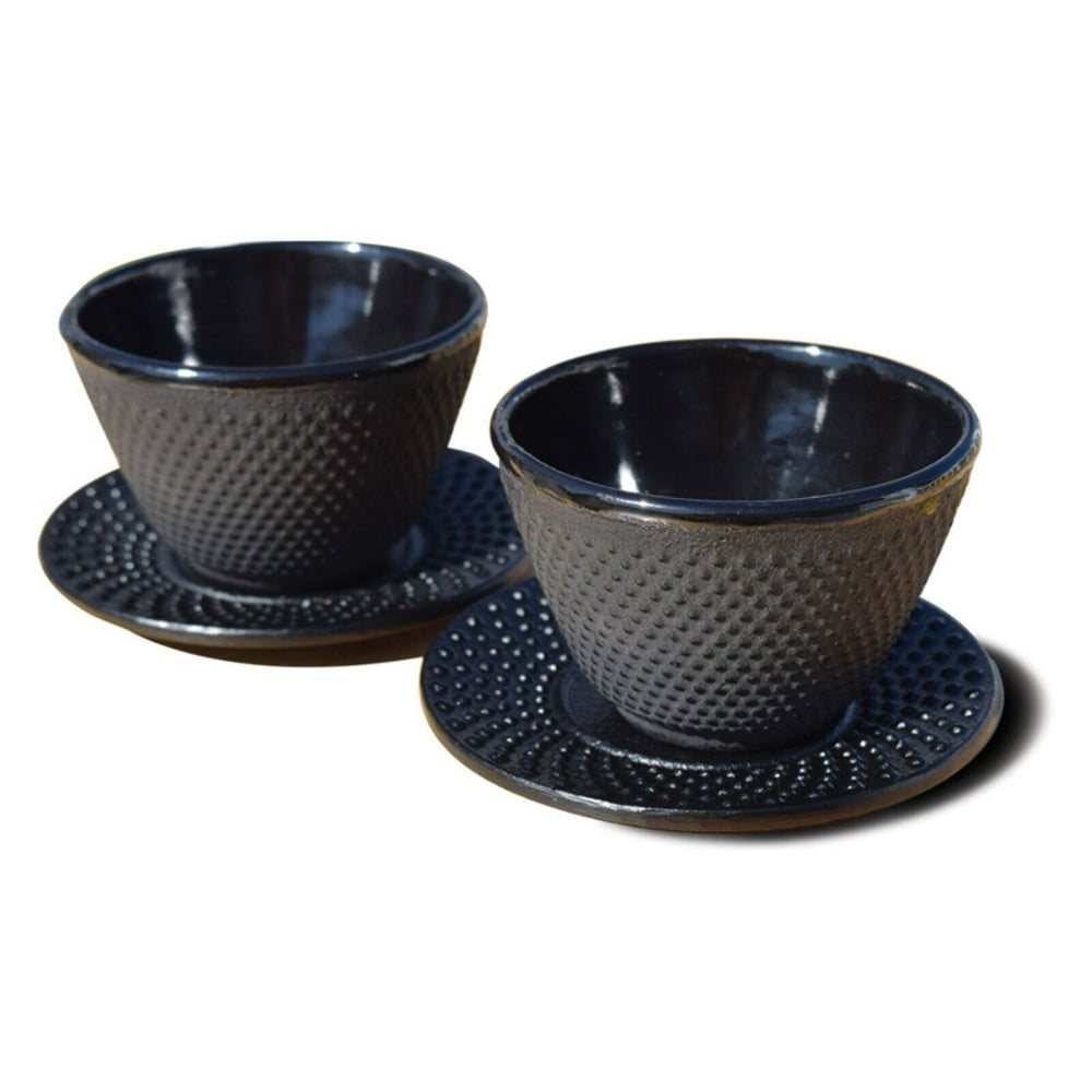 Set of 2 Matte Black Cast Iron Tea Cups & Saucers, 4 Oz.