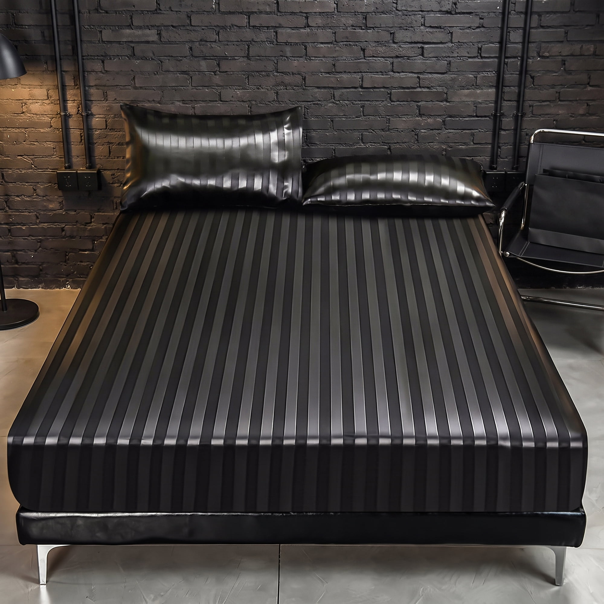 Unique Bargains Fitted Polyester Satin Strip Bed Sheets Wear Resistant 78.0"x79.9" Black