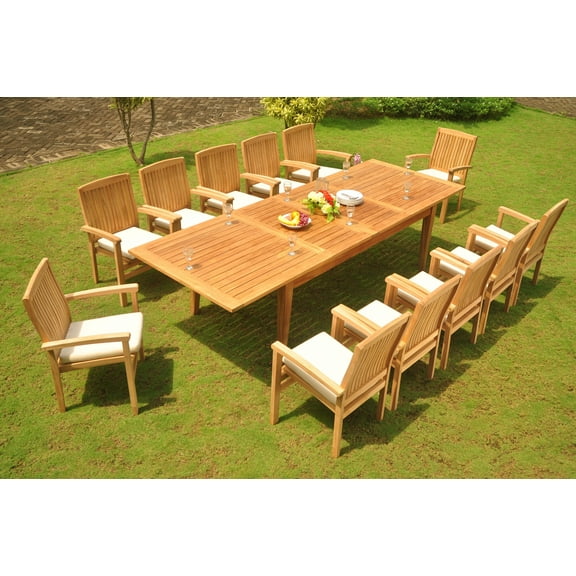 Grade-A Teak Dining Set: 12 Seater 13 Pc: 122" Atnas Double Extension Rectangle Table And 12 Wave Stacking Arm Chairs Outdoor WholesaleTeak #WMDSWV16
