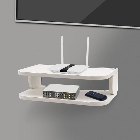 2 Tiers White Rectangular Floating Router Shelf Wall Mounted Set-Top Box TV Components Storage Rack Load-Bearing Capacity 5.51 lbs 13*7.67*4in for Homes, Offices, Dormitories