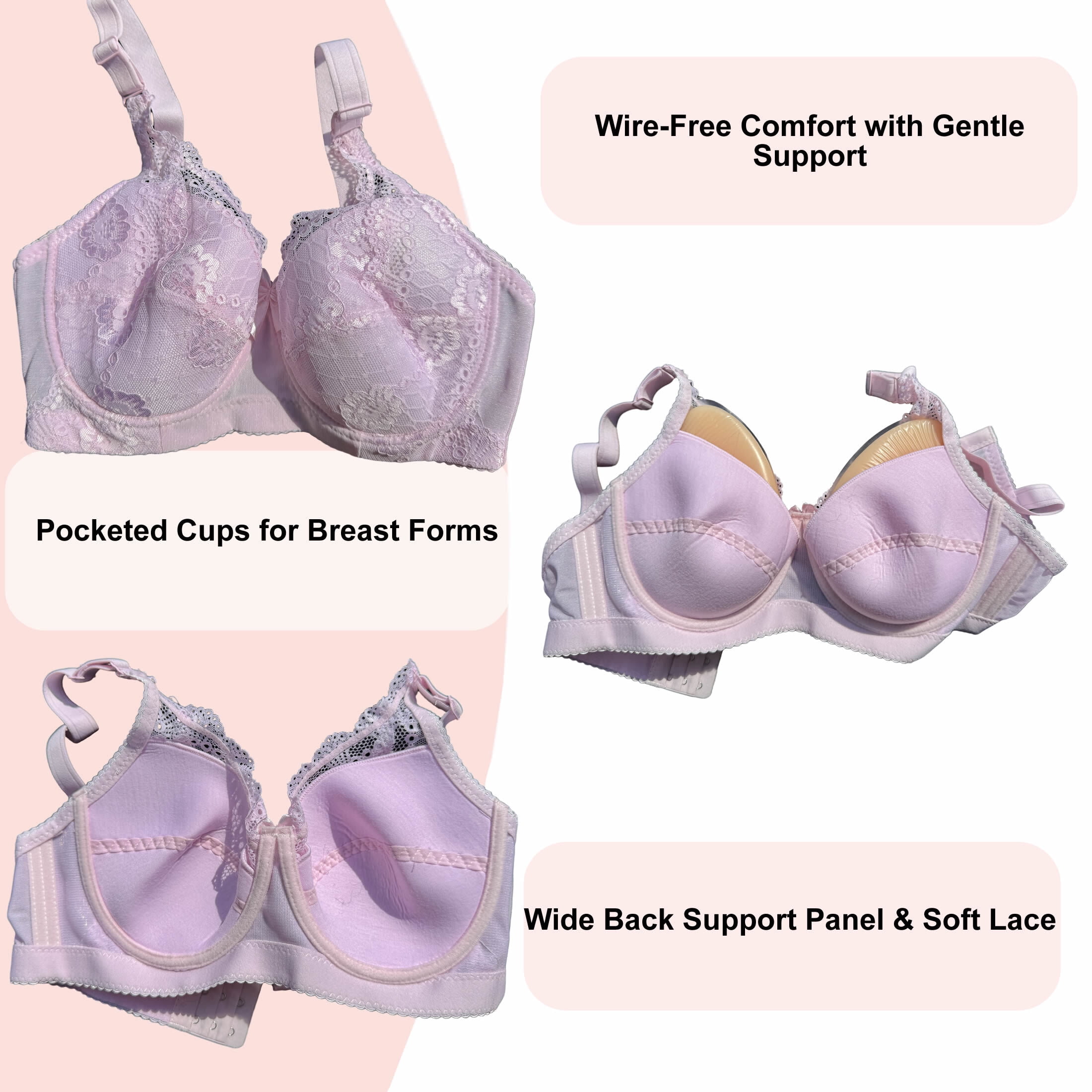 BIMEI Women’s Lace Pocket Bra for Breast Forms | Mastectomy Prosthesis Bra with Underwire & Sheer Lace | Ideal for Silicone Breast Forms, Pink, 36