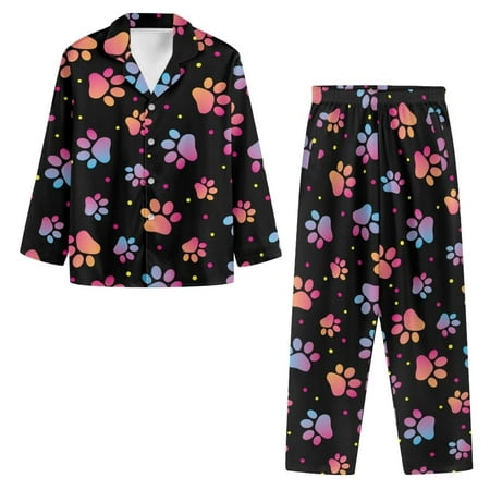 

NETILGEN 2PCS Colorful Dog Paw Button Pjs for Women Set Long Button Down Pajama Shirt with Big Pockets Design Button Down Night Shirts for Women Sleepwear Homewear