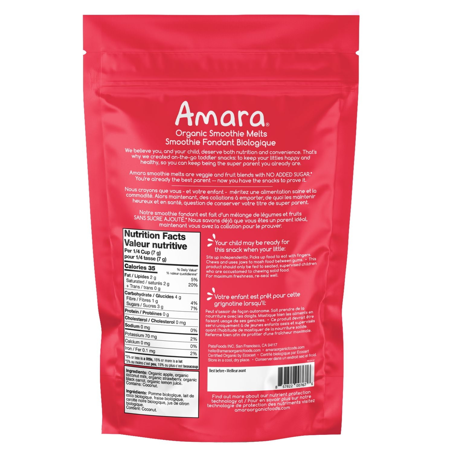 Amara Organic Fruit Bites, Fraises et Crème, 23g Sans sucre ajouté, Sans produits laitiers