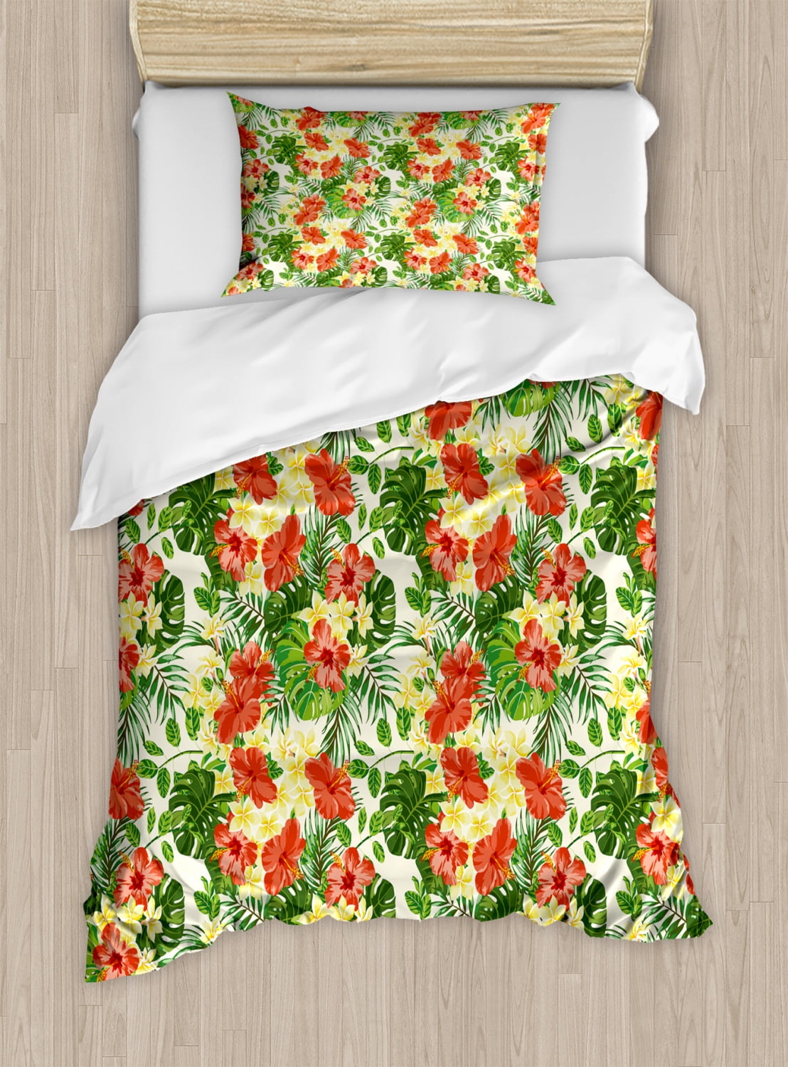 Tropical Duvet Cover Set Twin Size, Exotic Pattern with Plumeria