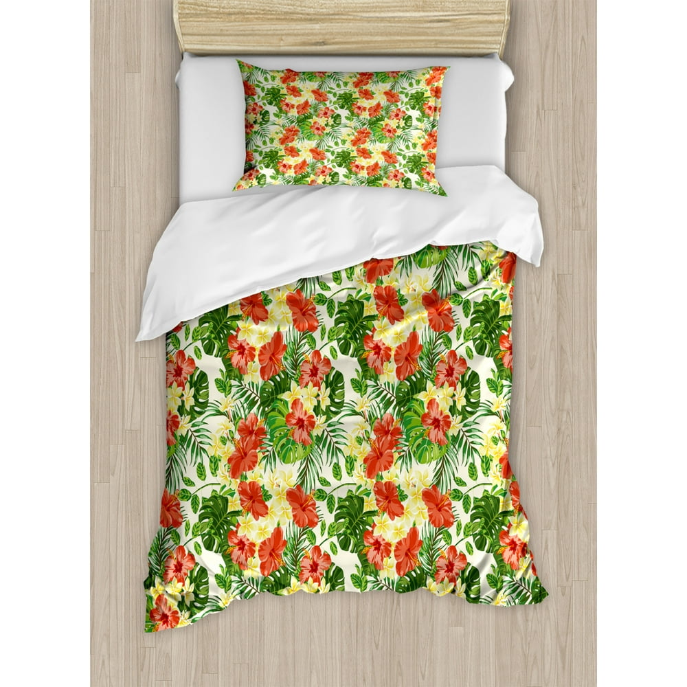 Tropical Duvet Cover Set Twin Size, Exotic Pattern with Plumeria Hibiscus Monstera Palm Flowers