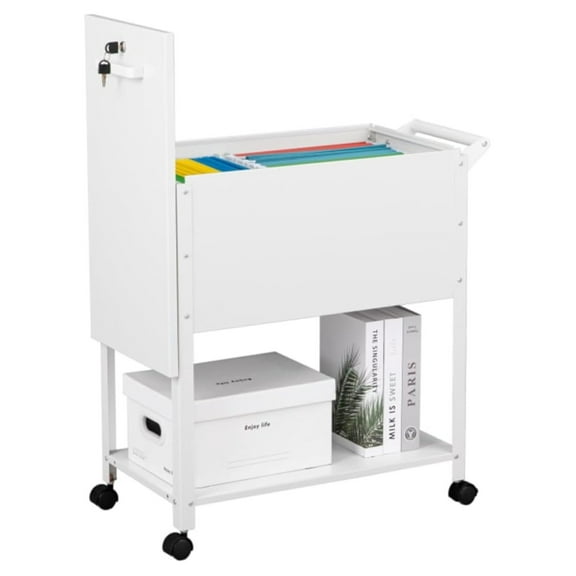 Metal File Cart 2-Tier Rolling File Cabinet with Lock - Mobile Filing Cart for Office, Home, School, A4/Letter/Legal - White