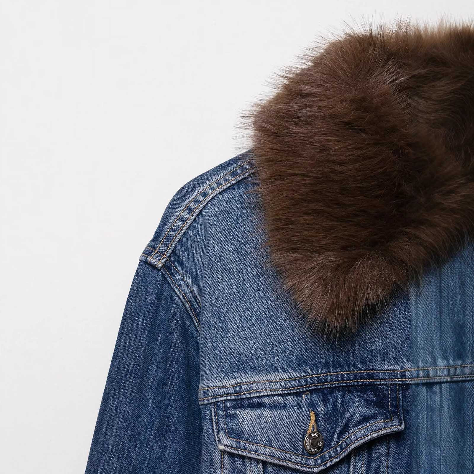 Oksale Cropped Jean Jacket for Women Faux Fur Collar Button Denim Jacket with Pockets Loose Long Sleeve Outerwear Streetwear Fashion Clothing Blue L