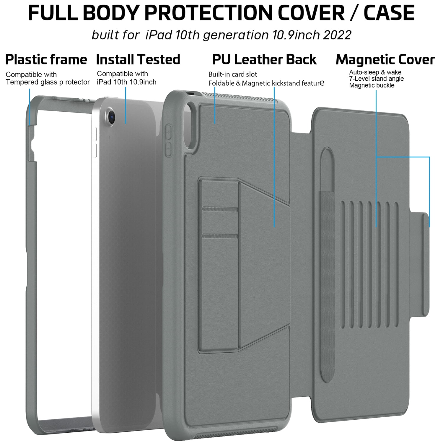 Allytechgroup Magnetic Case for Apple iPad (A16) 11th Gen 11" 2025/ iPad 10th Gen 10.9" 2022, Auto Sleep Wake Multi Angle Viewing Stand Build-in Pencil Holder Protective Bumper Tablet Case, Gray