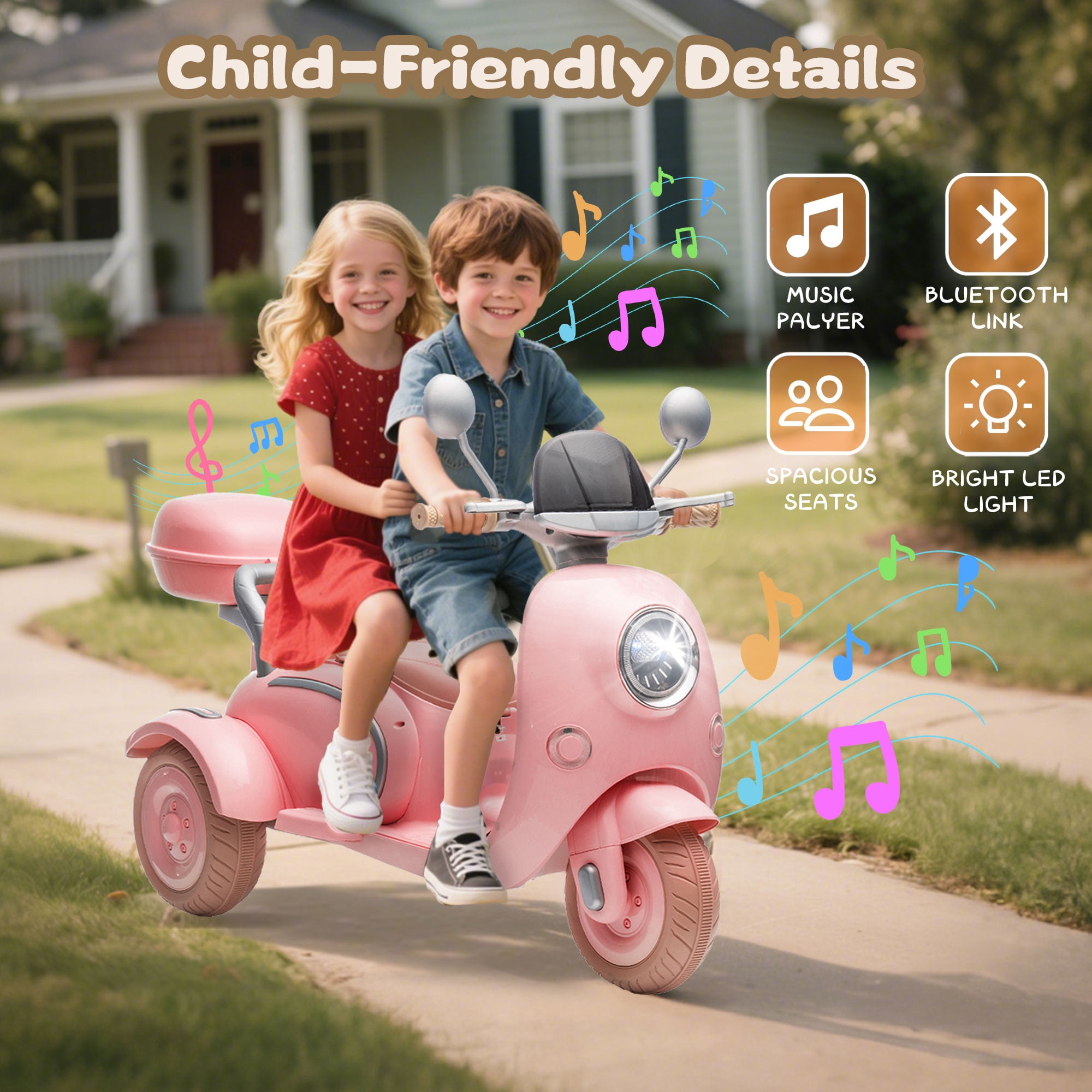 Xuanlur Upgrade 12V 2 Seater Dual Motor Kids Motorcycle, Girls Ride on Toys with Storage Compartments, Slow Start, USB, Bluetooth, Motorcycle for Kids Aged 3+(Pink)