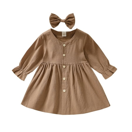

Baby Kids Girl Dresses Outfit Solid Color Long Sleeves Single-Breasted Dress + Headband 2Pcs Clothes