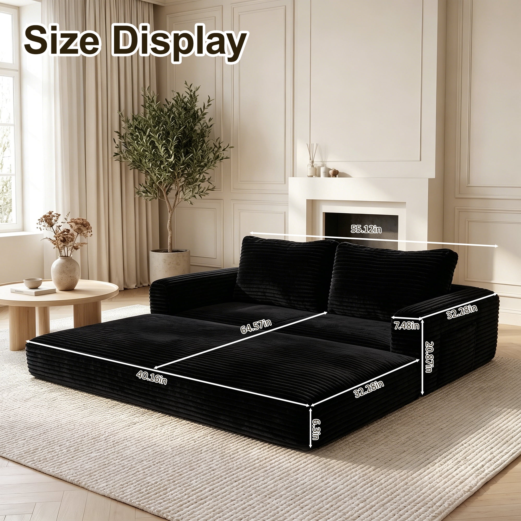 55" Convertible Futon Sofa Bed,Folding Boneless Couch with Sleeper Sofa,Fold Out Floor Sofa with Deep Seat,Cloud Corduroy Foldable Mattress Couch for Living Room,Black
